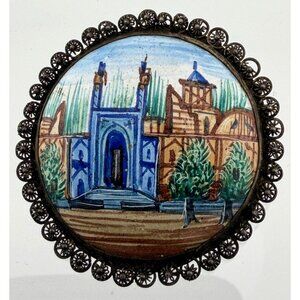 Vintage Hand Painted Copper Scenic Brooch Silver Filigree 1 3/4"